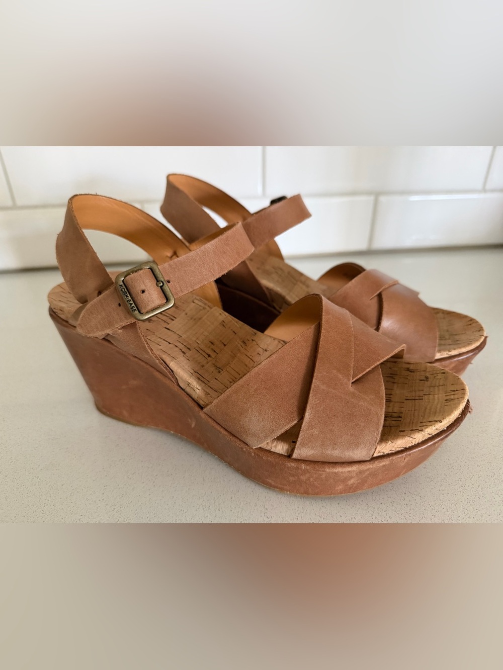 Kork Ease Ava 2.0 Platform Wedge Sandal Leather Retro Womens 8 Golden Sand Brown